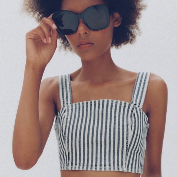 NWT Zara Denim Crop Top Size Small White‎ Blue Striped Side Zipper Square Neck - Picture 10 of 12